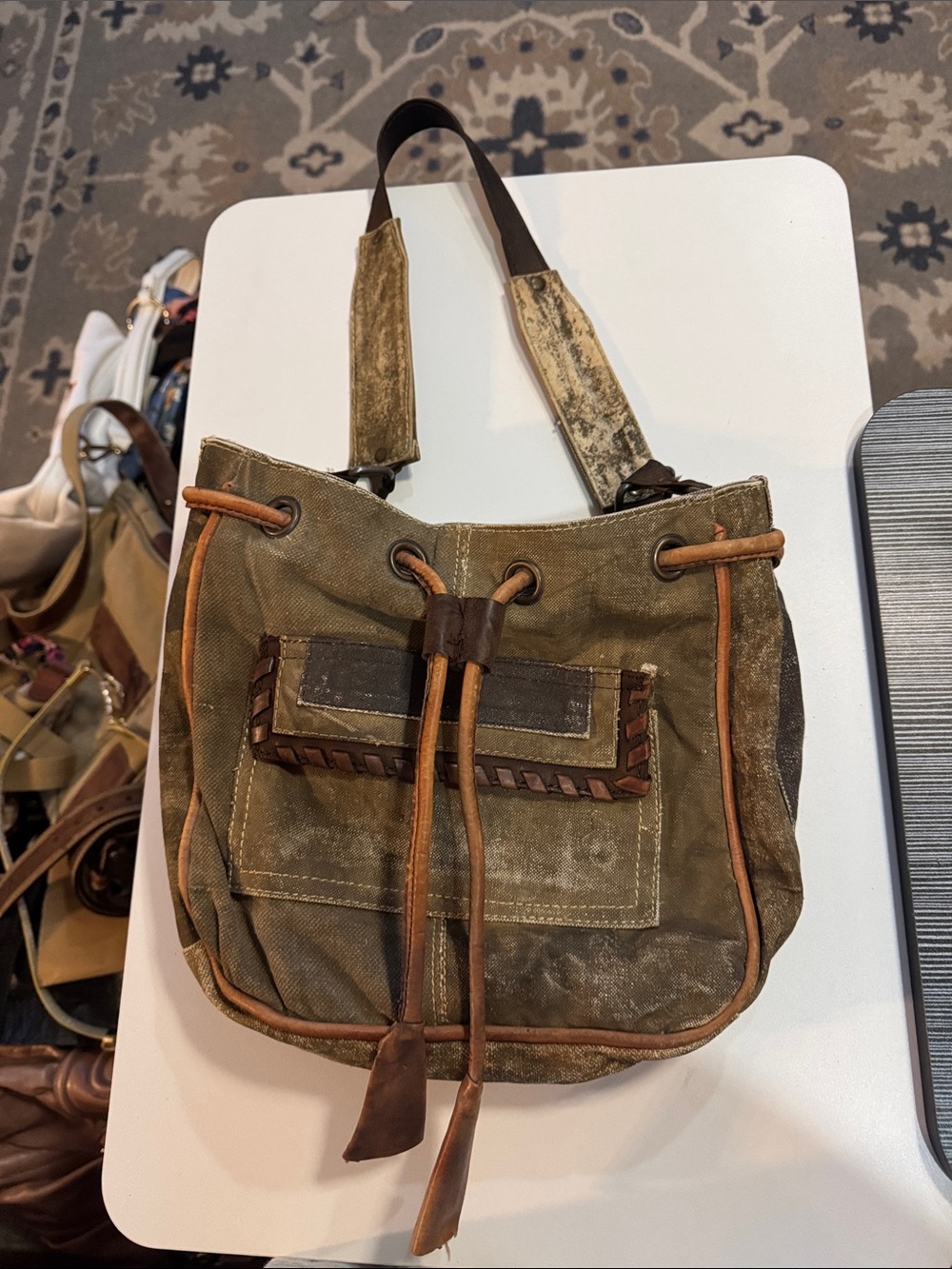 Mona B Olive Canvas Hobo with Brown Leather Accents